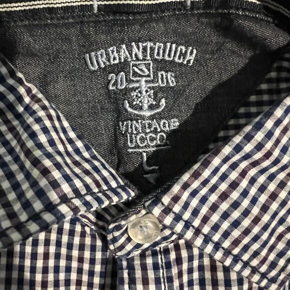 Urban Touch Plum, Blue & White Gingham Check Long Sleeve Button-Down Shirt SZ L - Picture 3 of 9